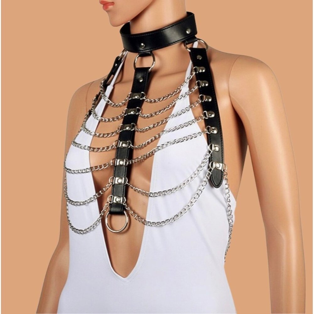 Women Pu Leather Harness Chains Gothic Punk Style Necklace Black Punk Dominatrix